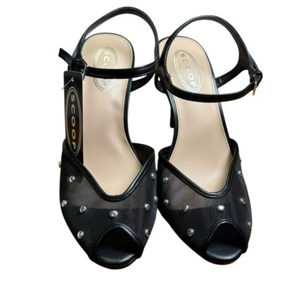 Scoop Rhinestone Accent Mesh Peep Toe Heels Black Size 6 New‎ NWT